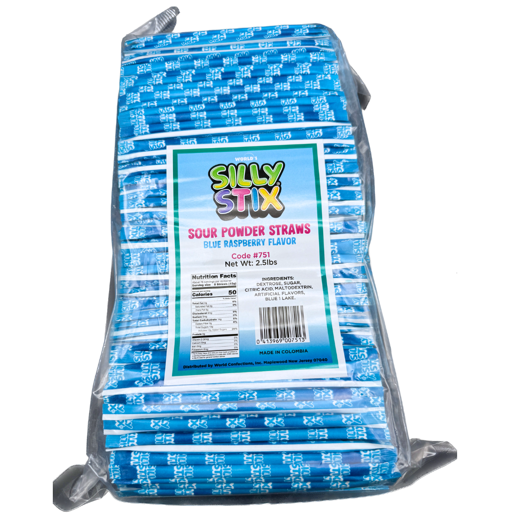 Silly Stix Blue Raspberry Sour Powder Straws - 2.5lb / 600ct