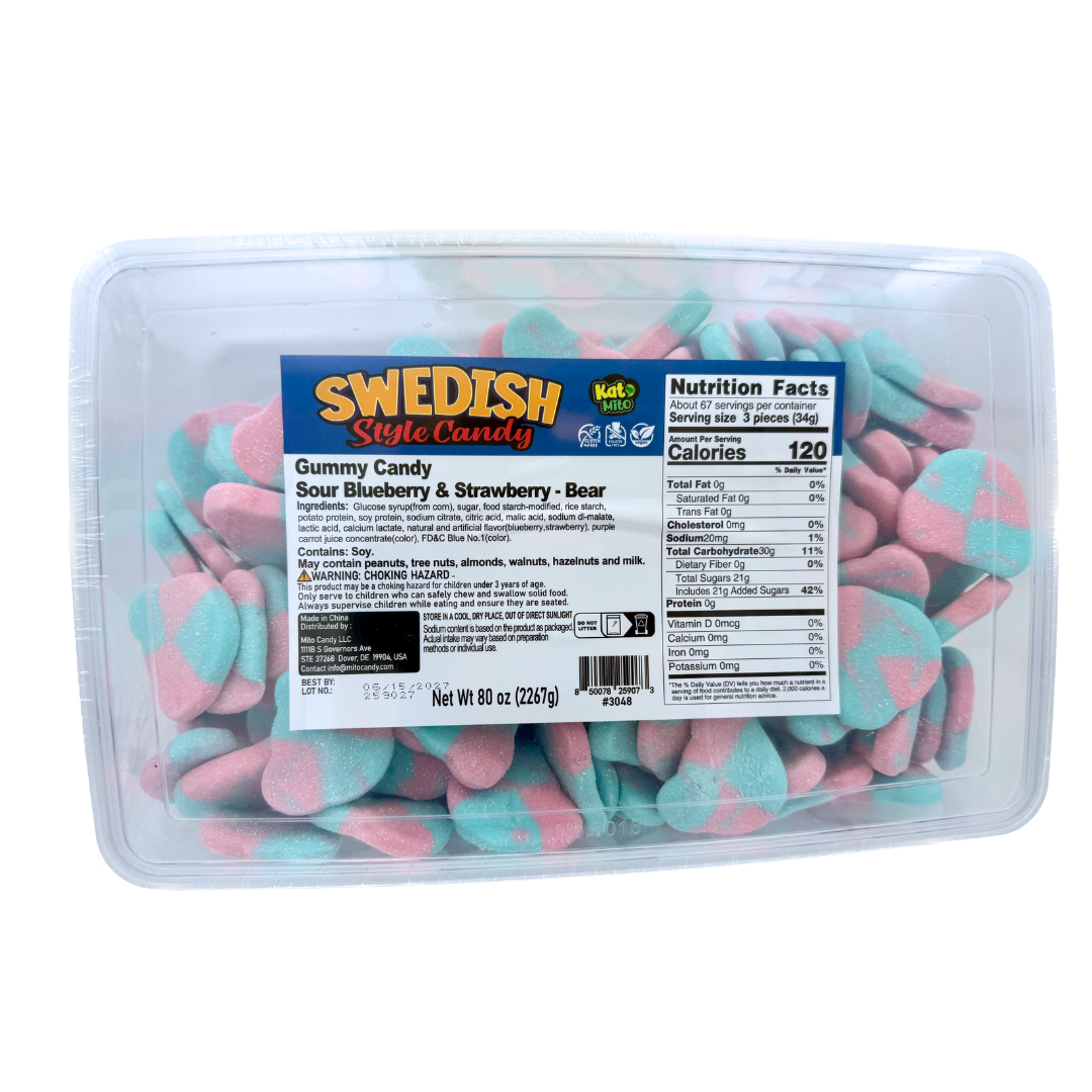 Swedish Style Sour Blueberry and Strawberry Gummy Bears - 5lb