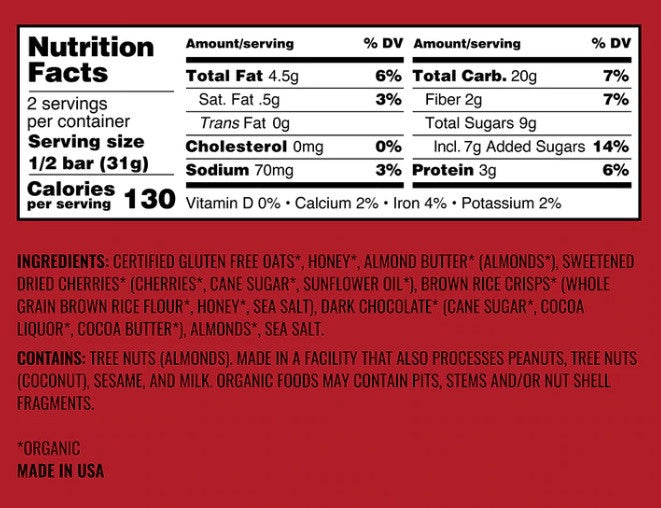 Kate's Dark Chocolate Cherry & Almond Bars 12 Count