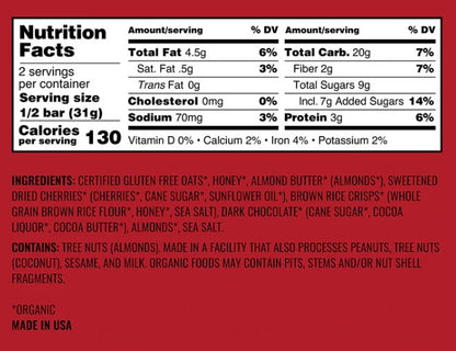 Kate's Dark Chocolate Cherry & Almond Bars 12 Count